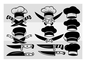 Chef Logo SVG, Chef Hat PNG, Chef Hat and Knives Clipart, Chef Knife Svg, Chef Knife Png, Restaurant Cricut Silhouette File, Print At Home