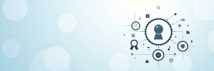 A professional illustrates business audit processes with compliance icons, showcasing evaluation and quality assurance techniques. The design emphasizes negative space for clearer focus on compliance 