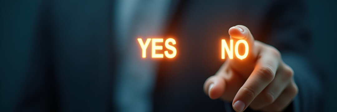 A glowing hand thoughtfully selecting between Yes and No options in a creative design format, framed elegantly to allow for expressive copy space and message emphasis.
