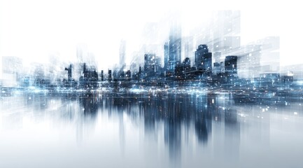 Modern city skyline, digitally layered, with reflections