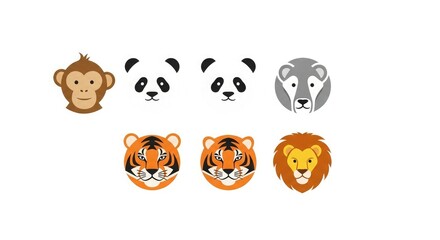 Animal face illustration vector set monkey panda wolf tiger lion zoo wildlife cartoon graphic design art