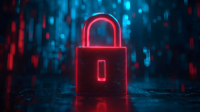 Neon padlock glowing in a digital environment with abstract light patterns and reflections