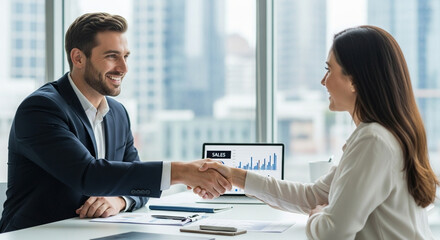 Professional man woman share confident handshake during successful business meeting. Both display happy smiles, showing strong agreement, valuable partnership, and positive collaboration