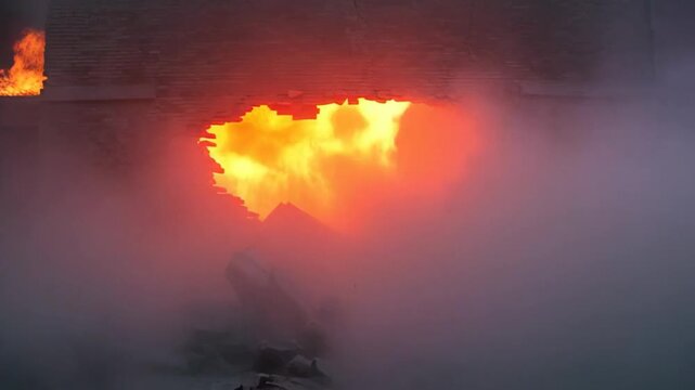 A brick wall explodes outward in a burst of fire, debris, and smoke.