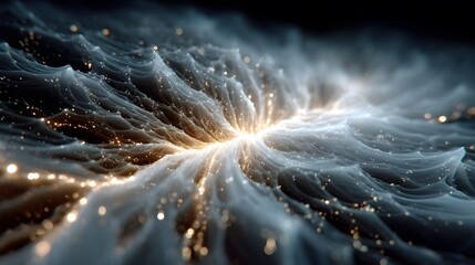 An ethereal abstract image showcasing a brilliant central light source that illuminates wispy, flowing clouds in a dynamic composition, captu a sense of wonder.