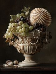 Fototapeta premium A majestic throne crafted from giant oyster shells, combining marine textures with sculptural elegance and dramatic lighting for a fantasy royal setting.