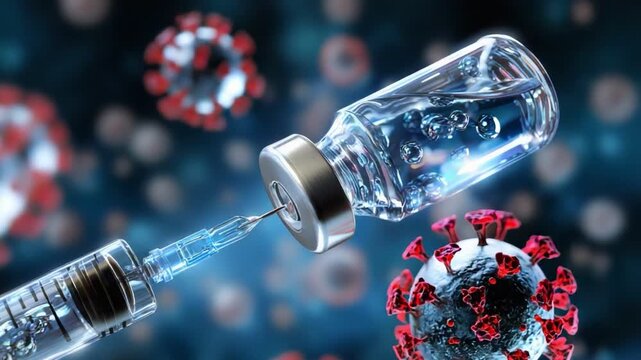 A detailed representation of a syringe extracting liquid vaccine from a vial, surrounded by colorful virus particles, symbolizing advancements in medical science and vaccination ef