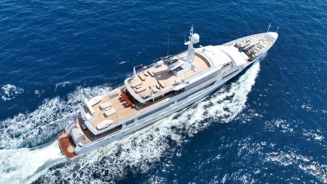 Aerial drone cinematic tracking video of beautiful yacht with wooden deck cruising in high speed in Aegean deep blue sea