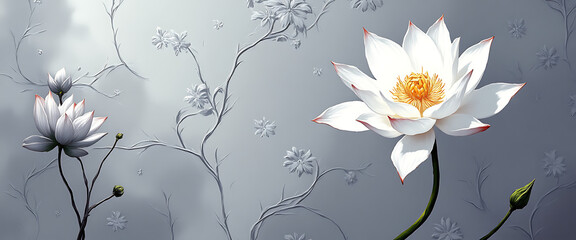 Luxury floral wallpaper featuring 3D embossed blossoms with gold, silver, and marble textures, elegant botanical mural in rich colors, abstract illustration for art prints, seamless 4K decorative back