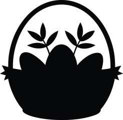 Easter egg basket silhouette, Easter Basket Silhouette Vector,  Black and White Basket With Eggs Silhouette Vector Illustration 