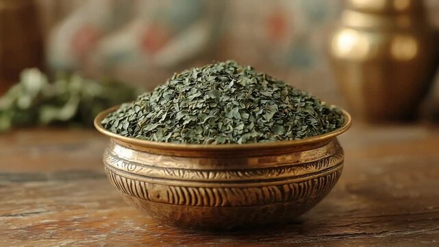 close-up of dried kasuri methi leaves in a traditional indian brass spice container video