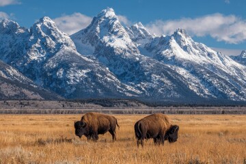 Fototapeta premium Bison in the Tetons: Grand Prairie Buffalo Grazing in Scenic Mountain Landscape