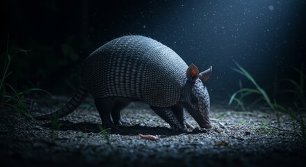 Obraz premium Wild armadillo with armored shell walking in nature, symbol of wildlife and unique mammals, perfect for zoology, ecology, and exotic animal themes.