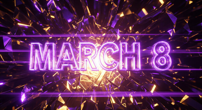 Bright neon march 8th text glowing against abstract background - Powered by Adobe