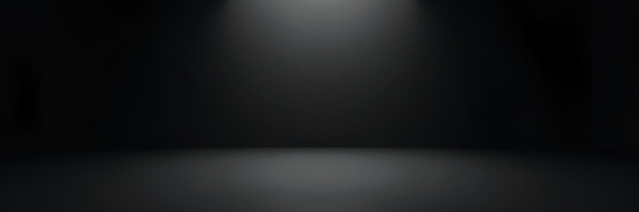 A vast empty dark black room serves as a perfect background, featuring a smooth gradient texture ideal for showcasing products. Utilize negative space to enhance your composition.