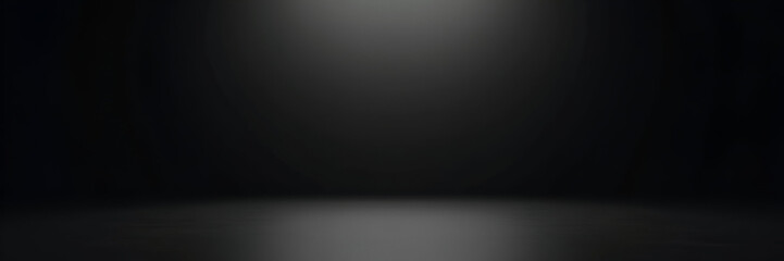A vast empty dark black room serves as a perfect background, featuring a smooth gradient texture ideal for showcasing products. Utilize negative space to enhance your composition.
