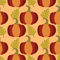 Vector hand drawn Halloween seamless pattern with fall leaves and pumpkins.