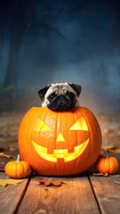 Pug dog inside a carved pumpkin, glowing light around, funny and spooky design, ultra HD.
