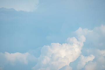 White fluffy cumulus clouds podium on blue sky with empty space background.Beauty cosmetic product placement pedestal present promotion minimal stand display,dreamy concept.