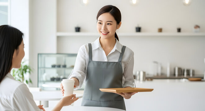 Friendly young Asian waitress or barista providing table service, serving a cup of coffee to a female customer in a modern cafe - Powered by Adobe