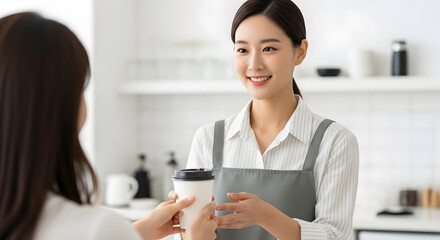 Friendly young Asian female barista handing a takeaway coffee cup to a customer at the counter of a modern coffee shop