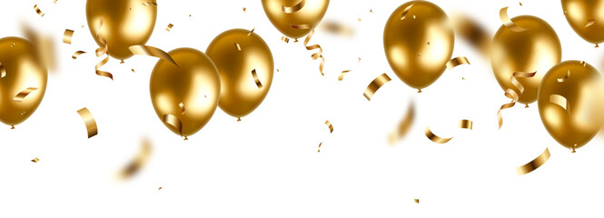 Celebration party background, gold helium balloons, confetti © Auguste Lange