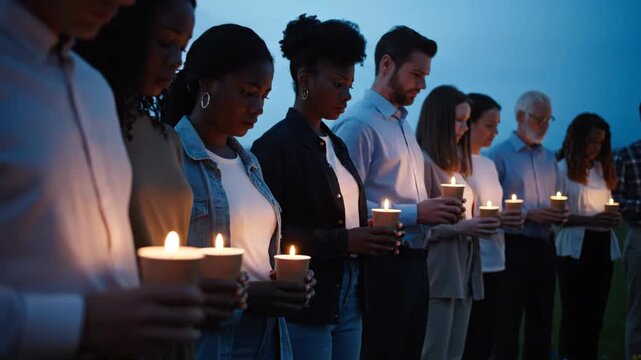 A diverse group of people stands together at a somber candlelight vigil.