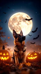 Realistic German shepherd under a full moon, bats flying in the background, glowing jack-o’-lanterns 