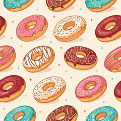 Seamless pattern with colorful cartoon donuts cute donuts with glaze and sprinkles vector illustration