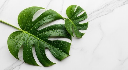 Obraz premium Two vibrant green fenestrated leaves covered in water droplets lie on a white marble surface with subtle gray veining