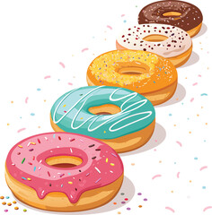 A row of five colorful donuts with different toppings pink, blue, yellow, white and chocolate donuts with sprinkles