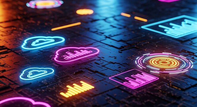 Futuristic Digital Network with Neon Cloud Icons and Data Visualizations - Powered by Adobe