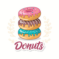 Stack of three colorful donuts with pink, chocolate, and blue glaze, decorated with sprinkles, delicious dessert illustration