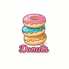 Stack of three colorful donuts with pink, blue, and brown glaze, decorated with sprinkles, delicious dessert illustration