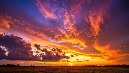 Fiery Sunset with Dramatic Clouds over Dark Field Beautiful Warm Colors Majestic Sky Vibrant Clouds Golden Hour Serene Landscape Open Field