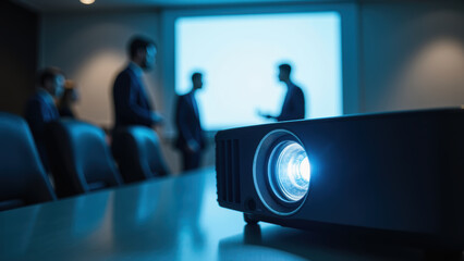 Business meeting setting features projector focus, illuminating blue light, while silhouettes of professionals engage discussion background