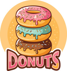 A vibrant stack of three donuts with pink, blue, and chocolate icing, a delightful treat for any sweet tooth