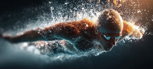 Elite Swimmer Performing Butterfly Stroke in Explosive Motion, Splash Trails and Light Streaks, Cinematic Lighting, Vibrant Colors, High Detail for Sports Advertising Concept