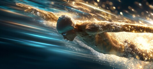 Elite Swimmer Performing Butterfly Stroke in Explosive Motion, Splash Trails and Light Streaks, Cinematic Lighting, Vibrant Colors, High Detail for Sports Advertising Concept