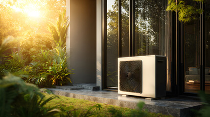 Outdoor air conditioning unit positioned beside modern home with lush greenery and sunlight
