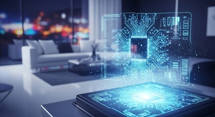 Futuristic holographic circuit board displays in modern living room