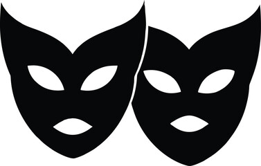 Comedy and tragedy theater masks vector icon,  Theater drama masks silhouette vector set, comedy and tragedy faces, Dramatic theater masks silhouette, performing arts symbol.