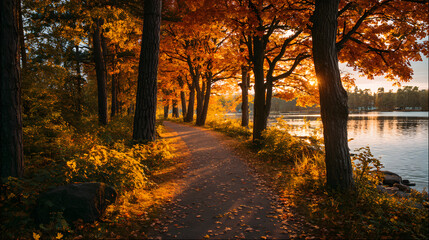 Fototapeta premium Autumn pathway lined with vibrant trees and golden leaves beside a tranquil lake at sunset