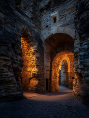 An ancient city gate imagined as a glowing cheese wheel, pierced with warm light, blending surreal food art with historic architecture in a night scene.
