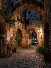 An ancient city gate imagined as a glowing cheese wheel, pierced with warm light, blending surreal food art with historic architecture in a night scene.