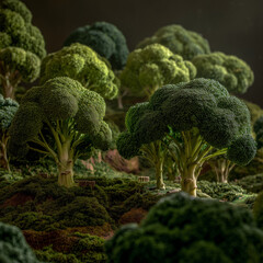 Broccoli shaped like trees forming a miniature landscape park, blending vegetable textures with whimsical nature design in a playful, surreal scene.