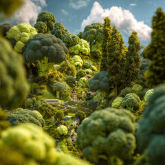 Broccoli shaped like trees forming a miniature landscape park, blending vegetable textures with whimsical nature design in a playful, surreal scene.