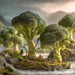 Broccoli shaped like trees forming a miniature landscape park, blending vegetable textures with whimsical nature design in a playful, surreal scene.