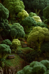 Broccoli shaped like trees forming a miniature landscape park, blending vegetable textures with whimsical nature design in a playful, surreal scene.
