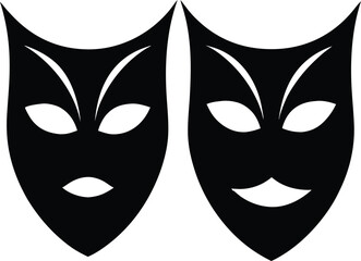 Comedy and tragedy theater masks vector icon,  Theater drama masks silhouette vector set, comedy and tragedy faces, Dramatic theater masks silhouette, performing arts symbol.